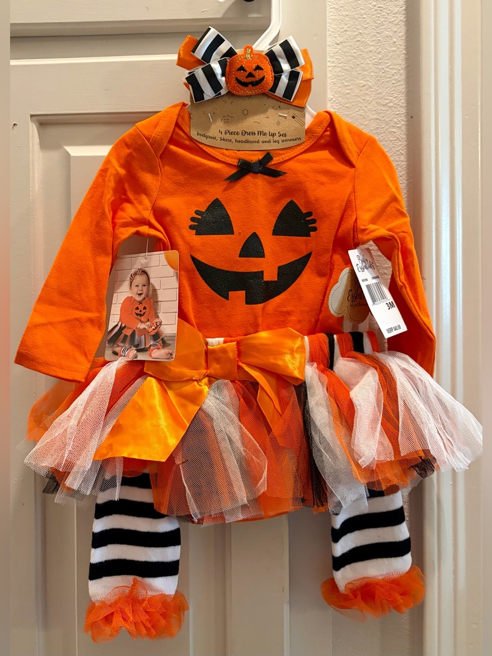 NWT BABY ESSENTIALS Pumpkin Tutu Outfit w/Bodysuit, Tutu, Headband & Leg Warmers